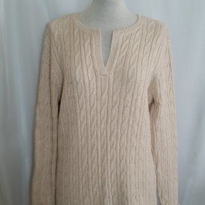 Charter Club Ivory Sweater Split Neck Cotton Cable Knit Gold Metallic Shimmer XL